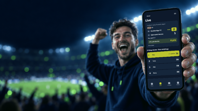 A football fan cheers in a floodlit stadium at night and holds his phone towards the camera. On the phone, the BragCrew Live screen: Northbridge FC 2, Saltmarsh Herons 1 just after a goal in the 67th minute, your pick 2–1, 4 provisional points if it ends like this, and the Friday Crew live rankings with you in 1st place, up from 3rd, on 31 points, ahead of Lena, Ada and Boris.