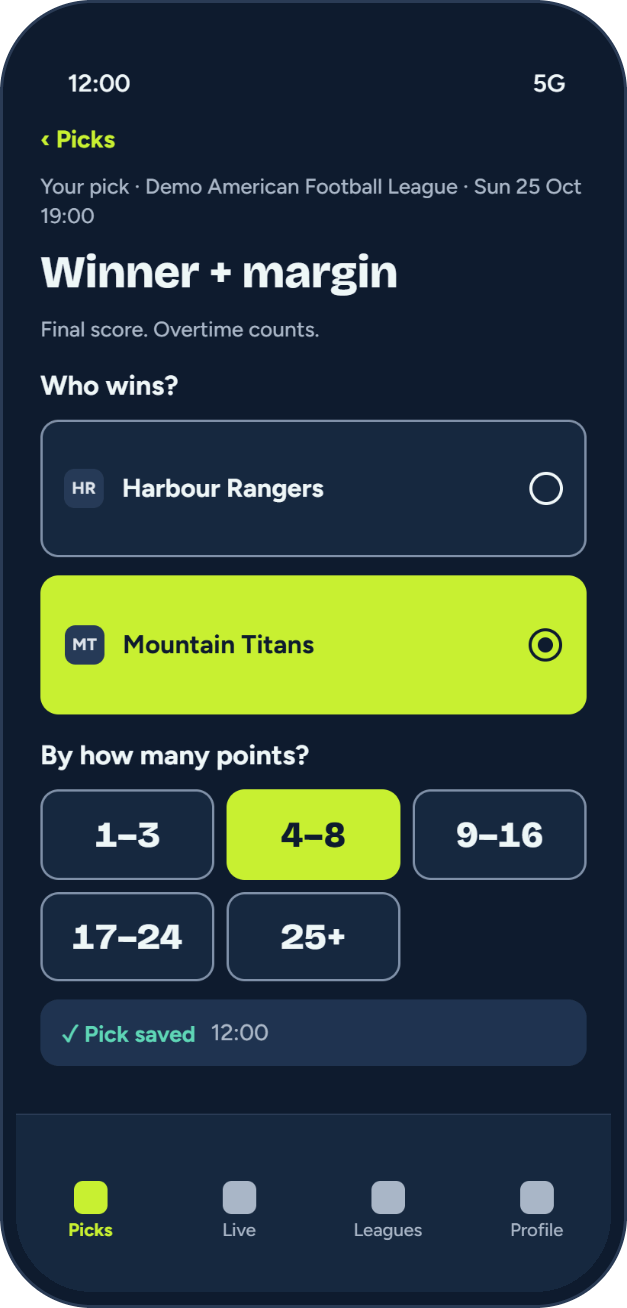 BragCrew pick sample for American football: Mountain Titans to win against Harbour Rangers, margin 4–8 selected from five ranges, Pick saved