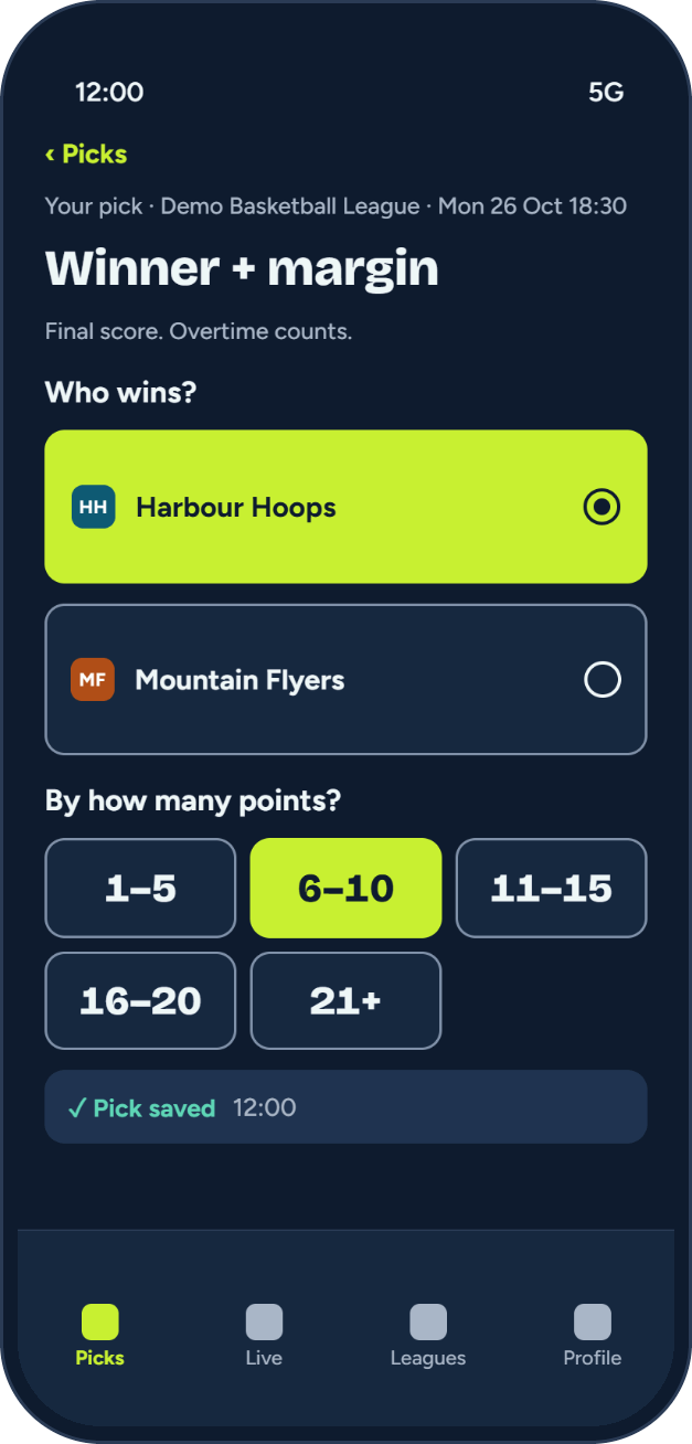 BragCrew pick sample for basketball: Harbour Hoops to win against Mountain Flyers, margin 6–10 selected from five ranges, Pick saved