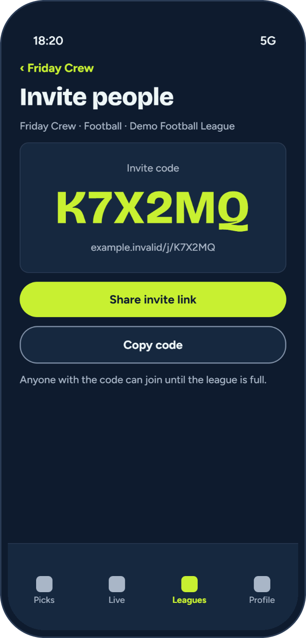 BragCrew Invite people screen with the invite code K7X2MQ