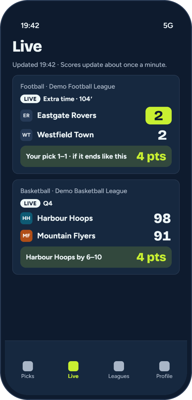 BragCrew Live screen: Eastgate Rovers 2, Westfield Town 2 in extra time, your pick 1–1, If it ends like this: 4 pts