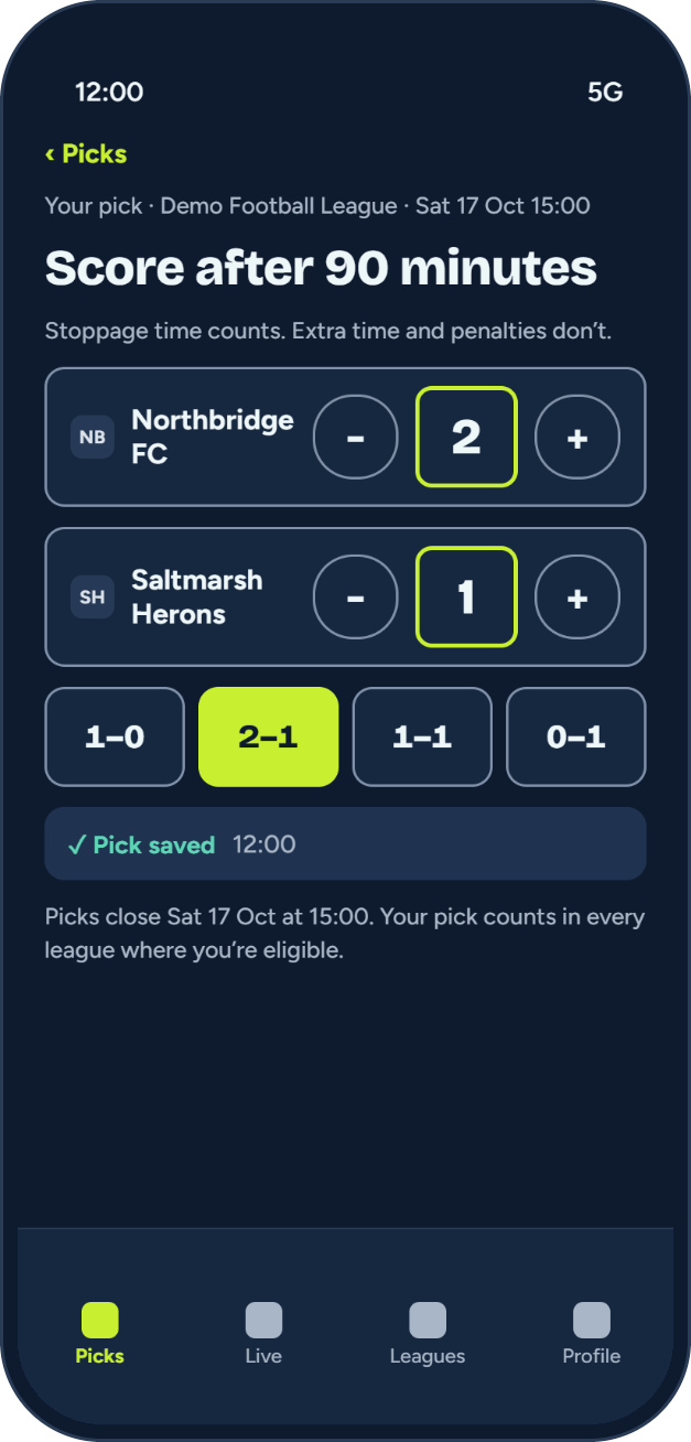 BragCrew Picks screen: a pick of 2–1 for Northbridge FC against Saltmarsh Herons, saved before kick-off